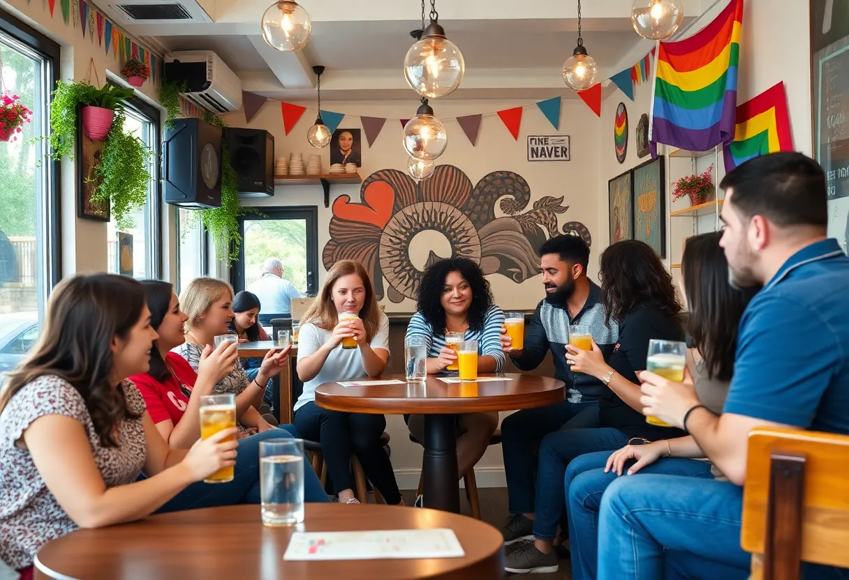A cozy queer-owned cafe with diverse patrons enjoying mocktails.