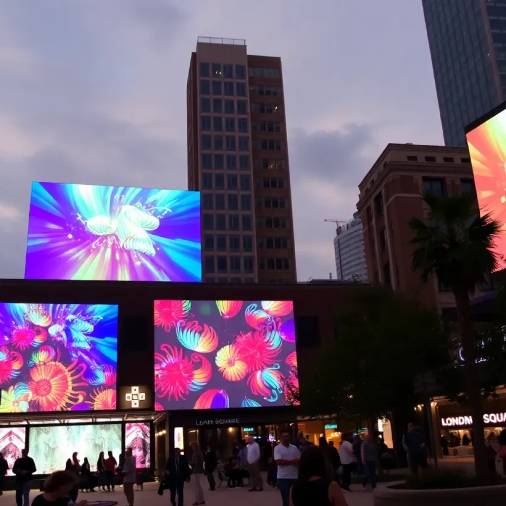 Lyon Square in Grand Rapids featuring large projectors and art displays