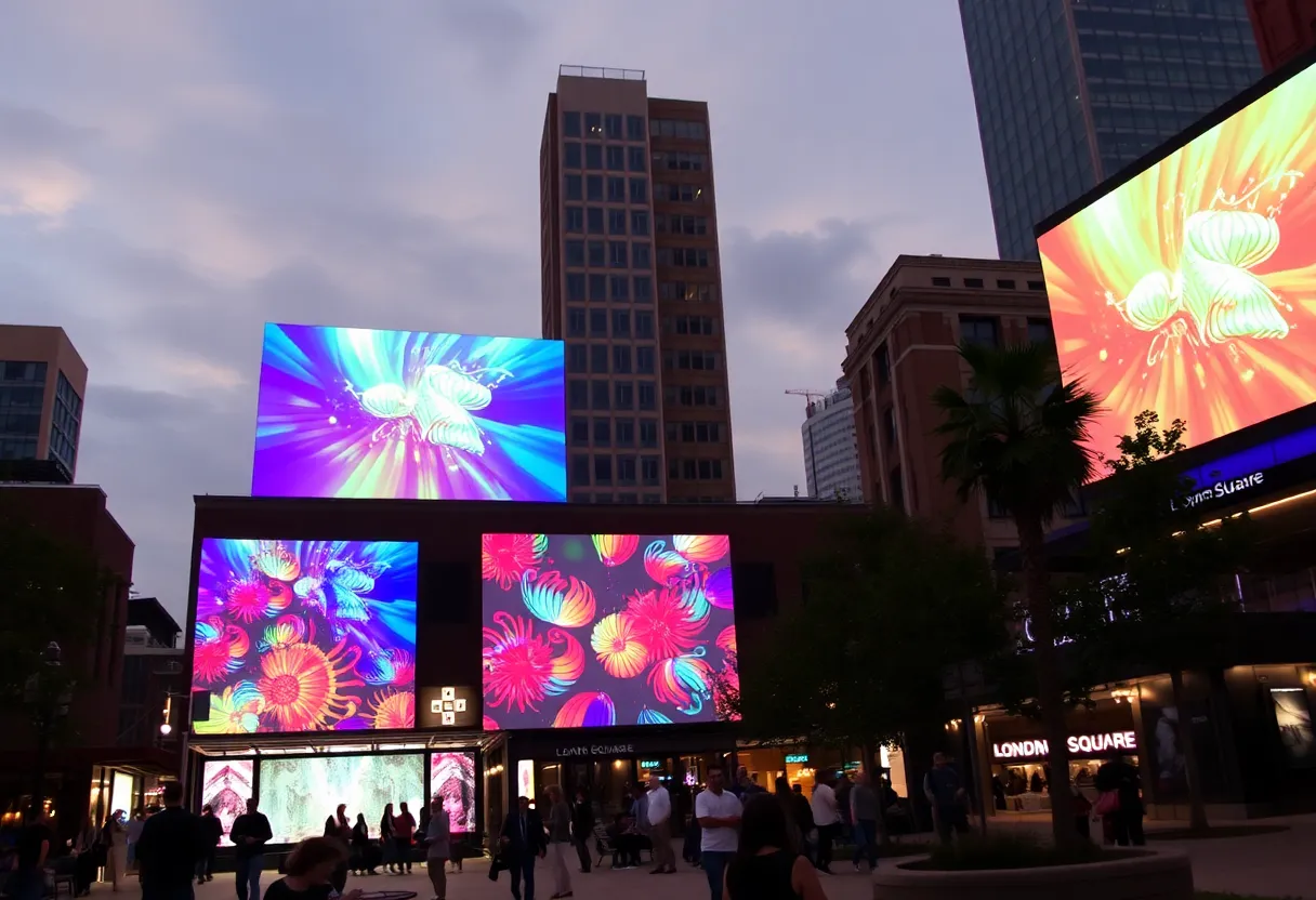 Lyon Square in Grand Rapids featuring large projectors and art displays