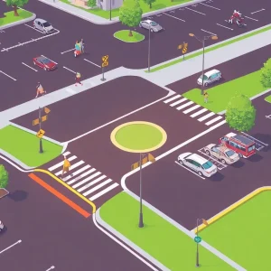 Busy intersection in Mecosta County with a parking lot and nearby restaurants