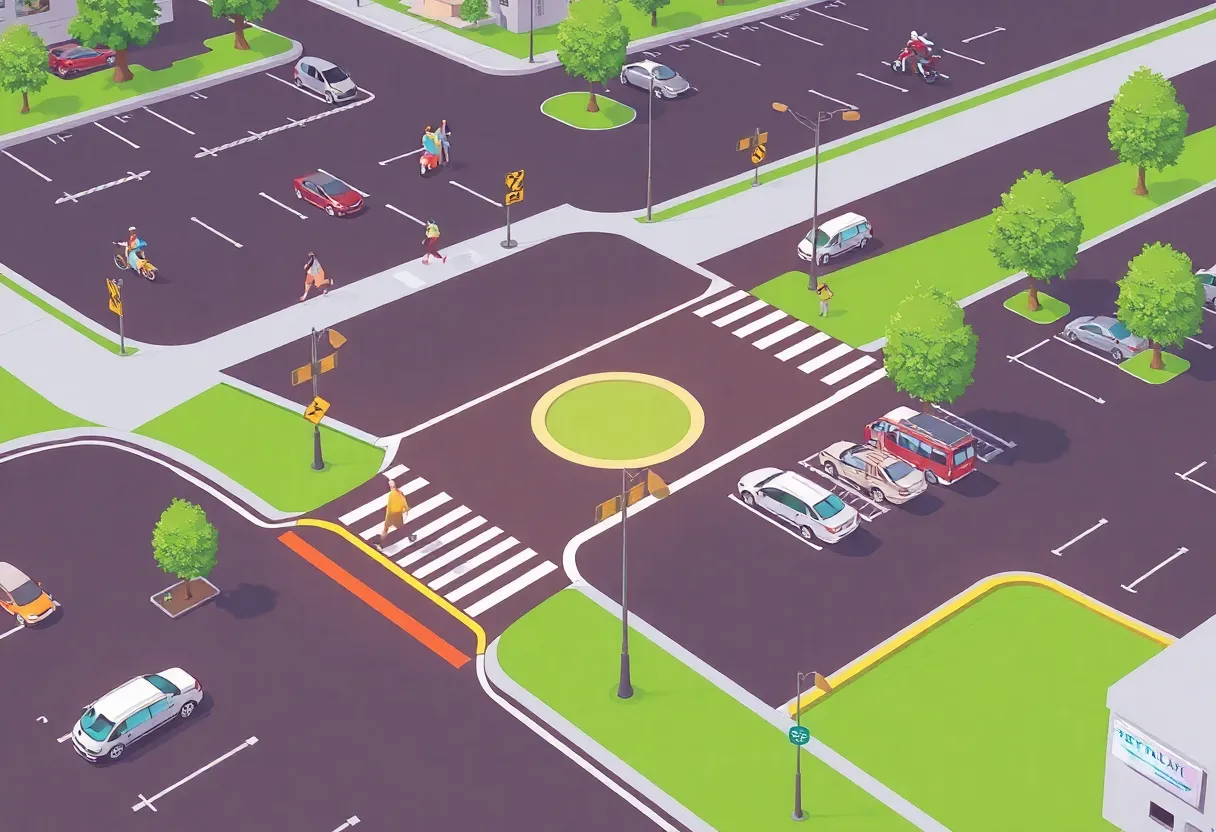Busy intersection in Mecosta County with a parking lot and nearby restaurants