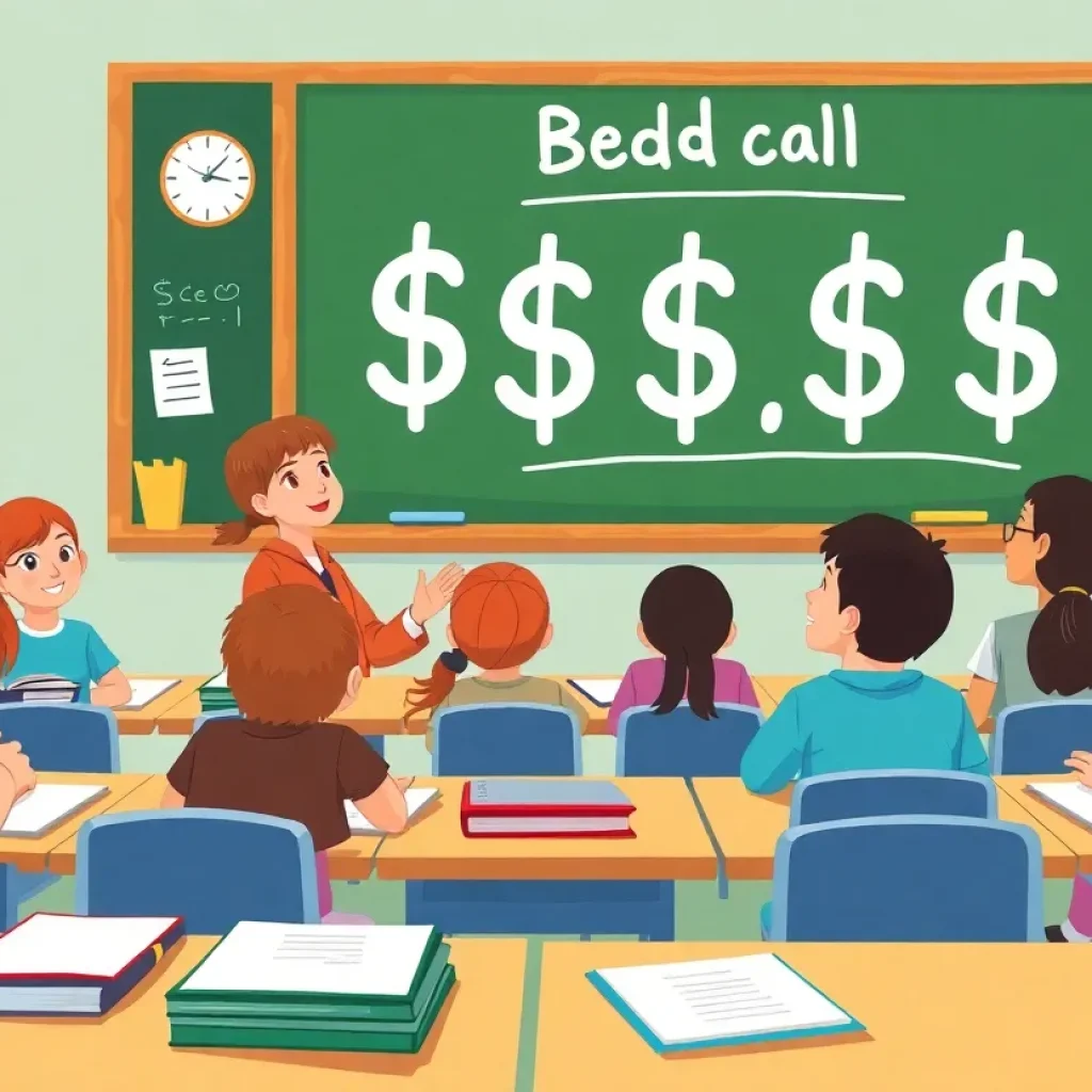 An illustration depicting a diverse classroom with budget figures.