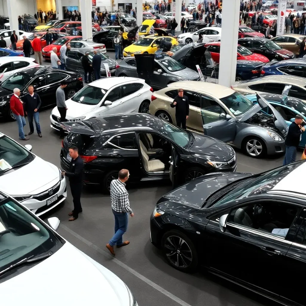 A busy auto show featuring various cars and attendees exploring the latest innovations.