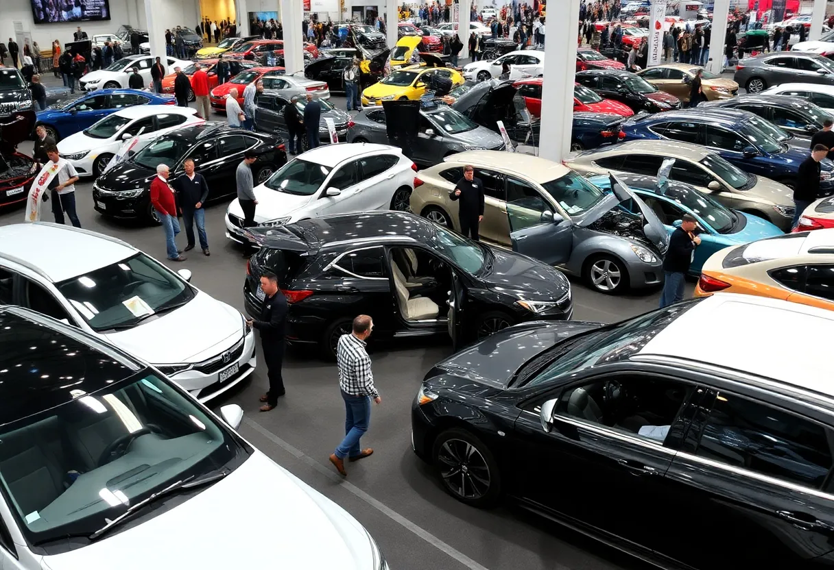 A busy auto show featuring various cars and attendees exploring the latest innovations.