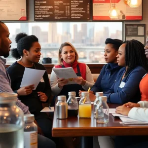 Diverse restaurant workers discussing minimum wage and tipping issues in Michigan.