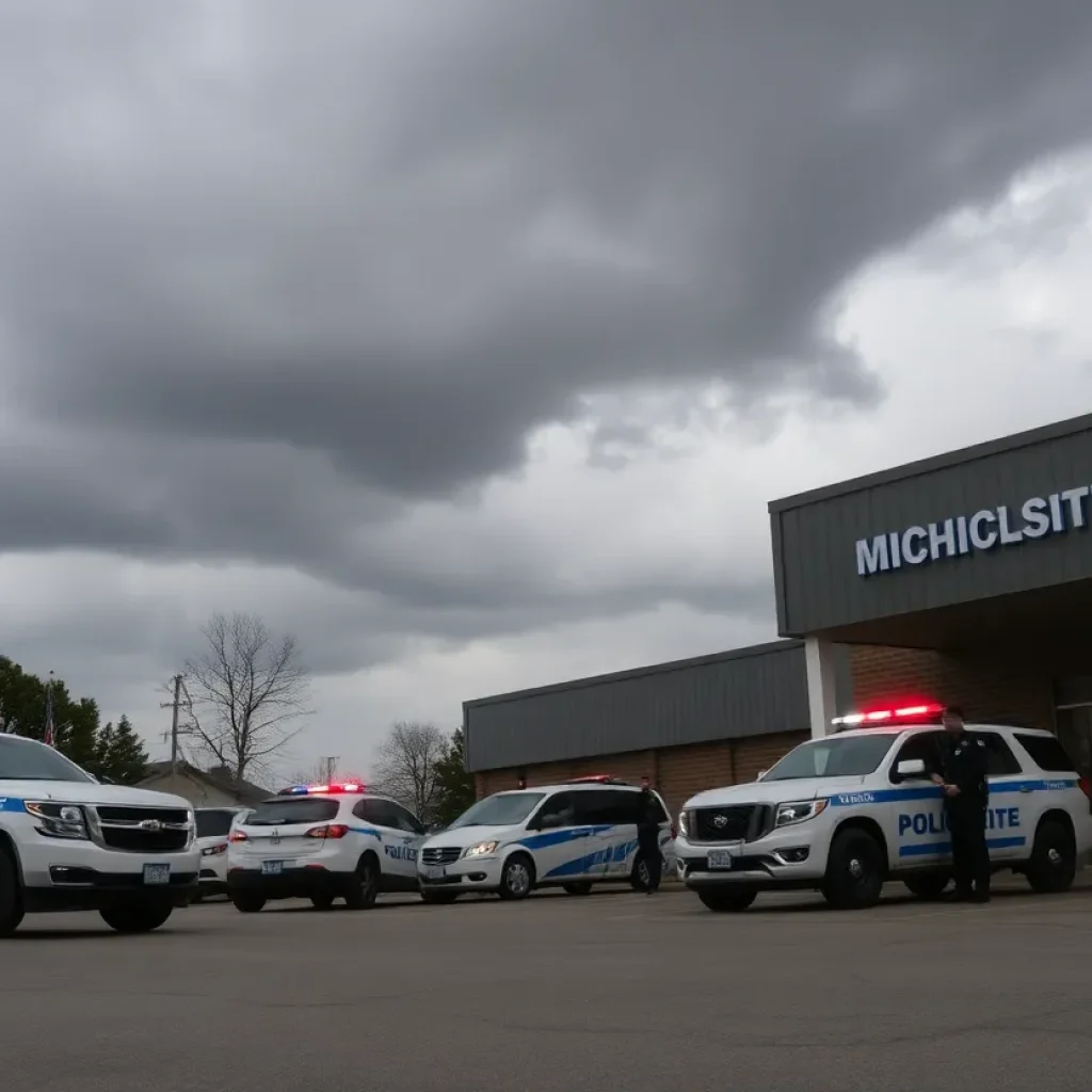 Michigan State Police vehicles outside a police station under cloudy skies.