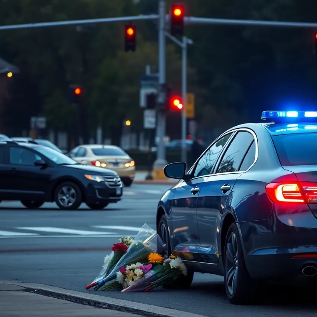 Memorial flowers at a busy intersection where a tragic car crash occurred