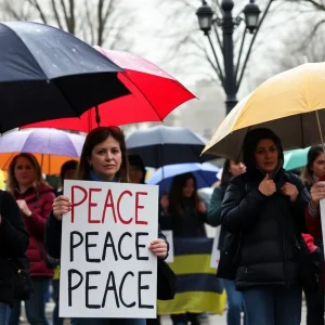 Demonstrators gathered at a rainy rally in Grand Rapids holding peace signs.