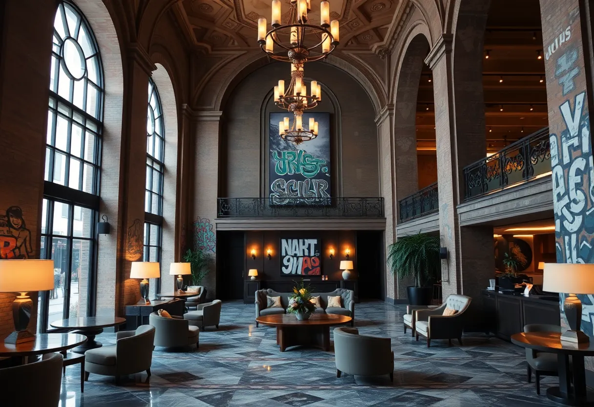 Interior design of NoMad Detroit hotel lobby with historic elements