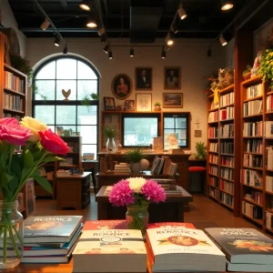 Interior of Pages & Peonies bookstore filled with romance literature and flowers