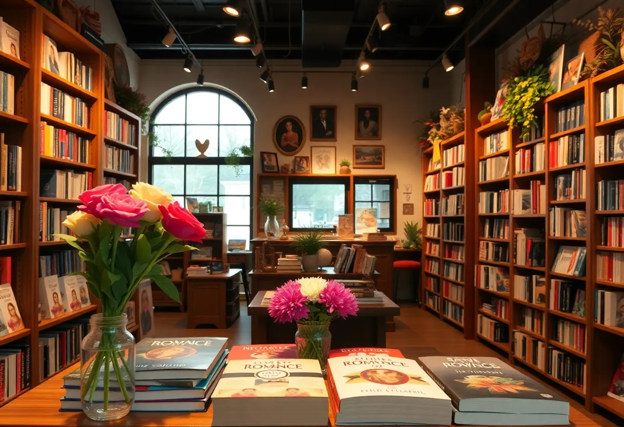 Interior of Pages & Peonies bookstore filled with romance literature and flowers
