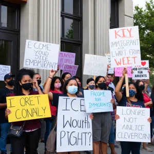Community members protesting against ICE arrests outside ISAP Center in Grand Rapids.