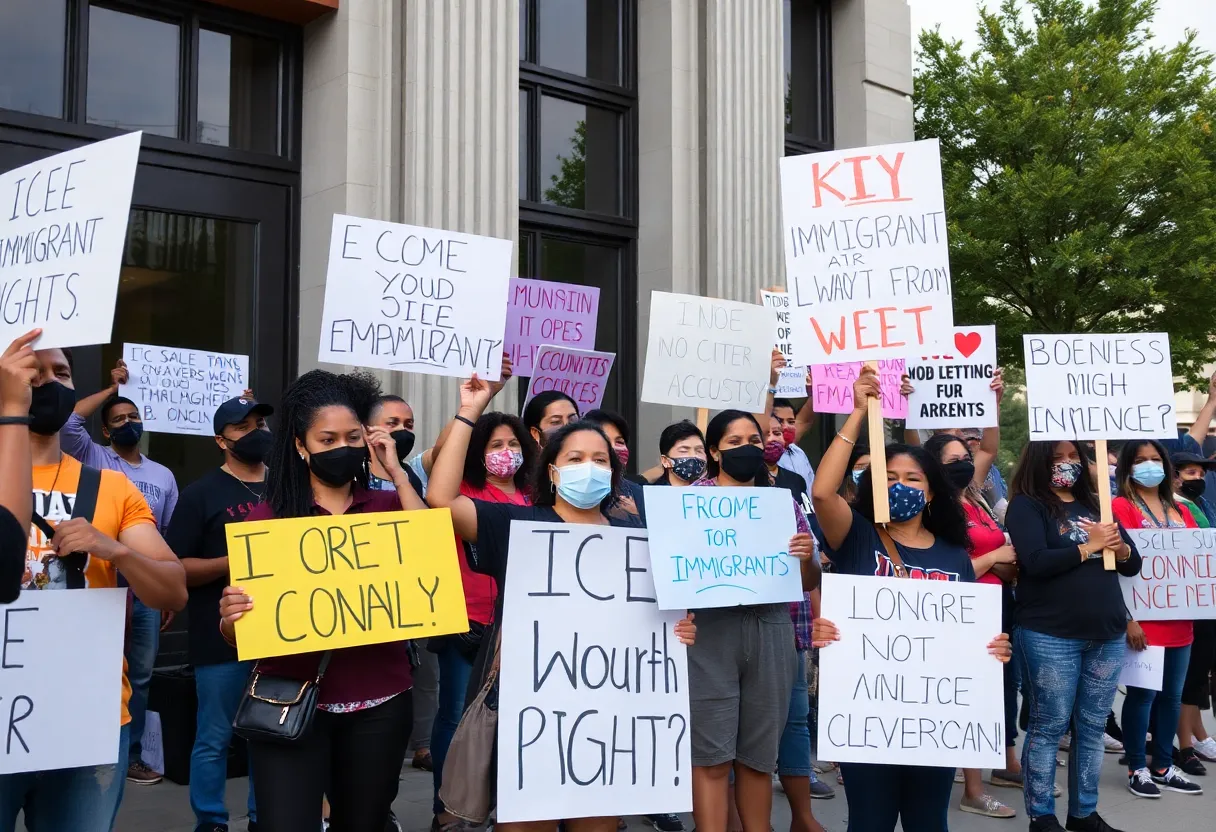 Community members protesting against ICE arrests outside ISAP Center in Grand Rapids.