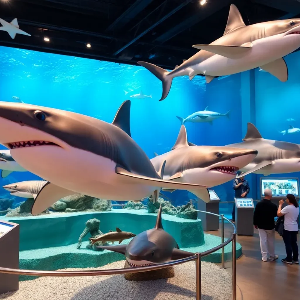 Life-sized models of sharks at SHARKS exhibit