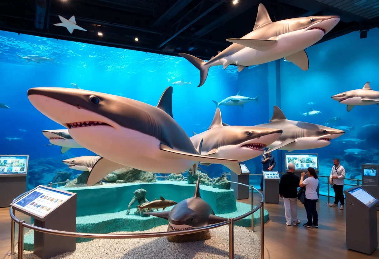 Life-sized models of sharks at SHARKS exhibit