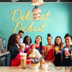 Interior of Sugar Bar showcasing desserts and happy staff