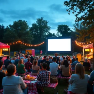 Families and friends enjoying an outdoor movie at Sunset Cinema in Grand Rapids