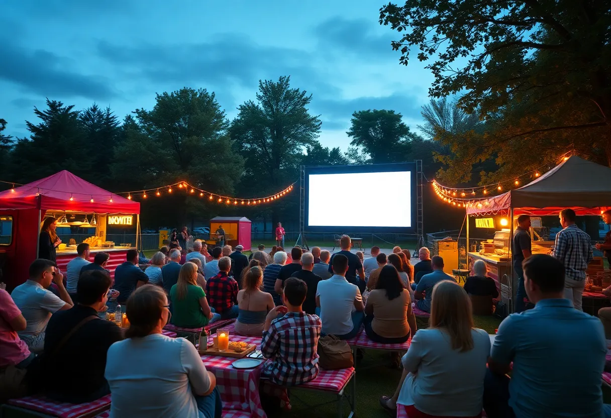 Families and friends enjoying an outdoor movie at Sunset Cinema in Grand Rapids