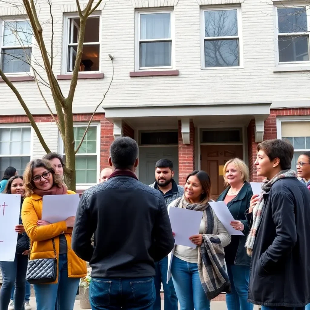 Community members discussing tenant rights in front of a housing building.