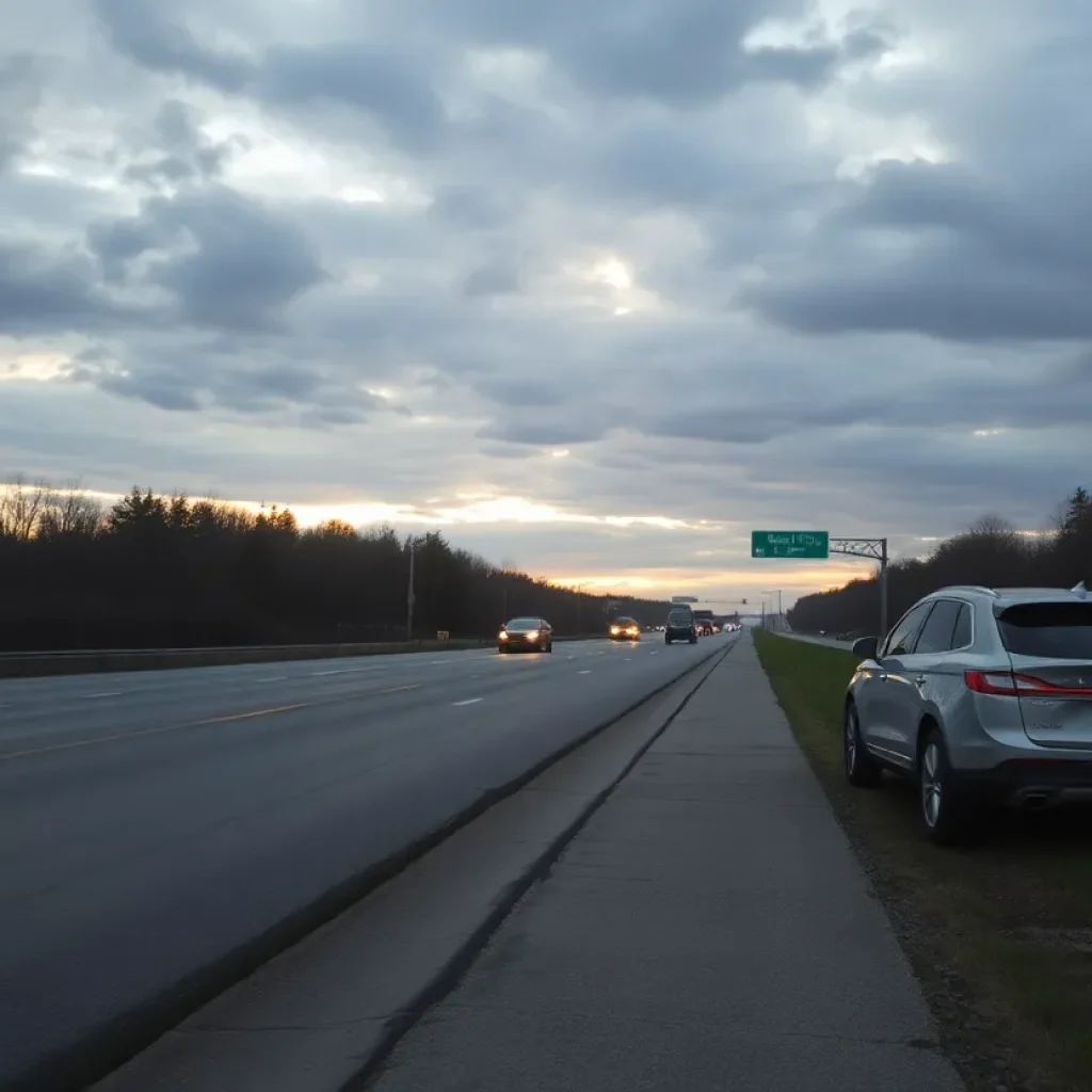 Empty Michigan highway with a Lincoln MKX parked, representing a tragic incident.