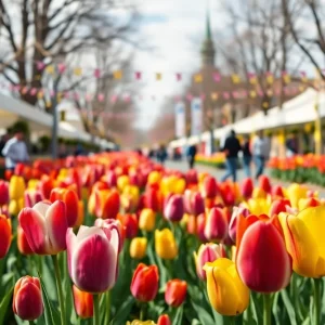 Colorful tulips in full bloom at a community festival