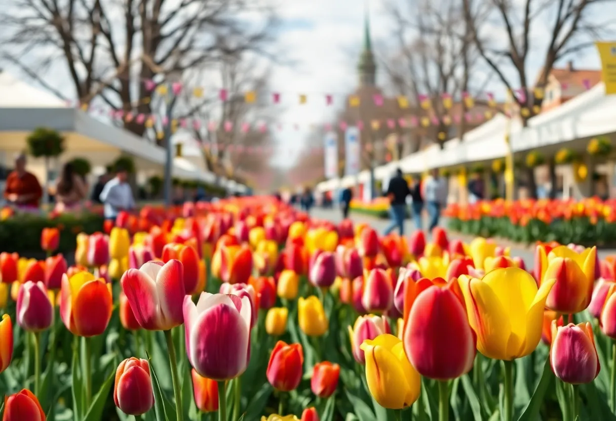 Colorful tulips in full bloom at a community festival