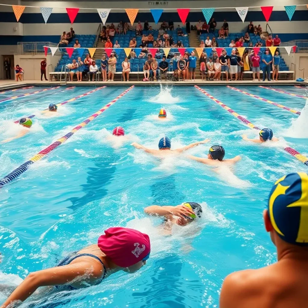 Swimmers competing in a university swimming pool event