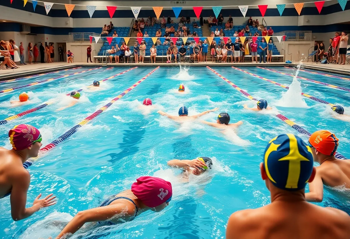 Swimmers competing in a university swimming pool event