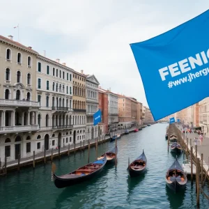 Canals of Venice with protest banners in the background.