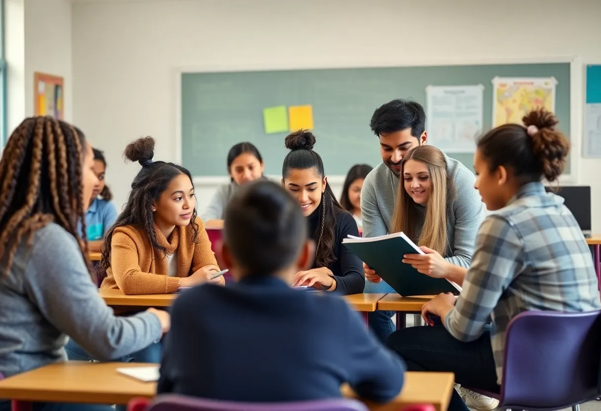 Volunteer tutors helping students in a classroom setting