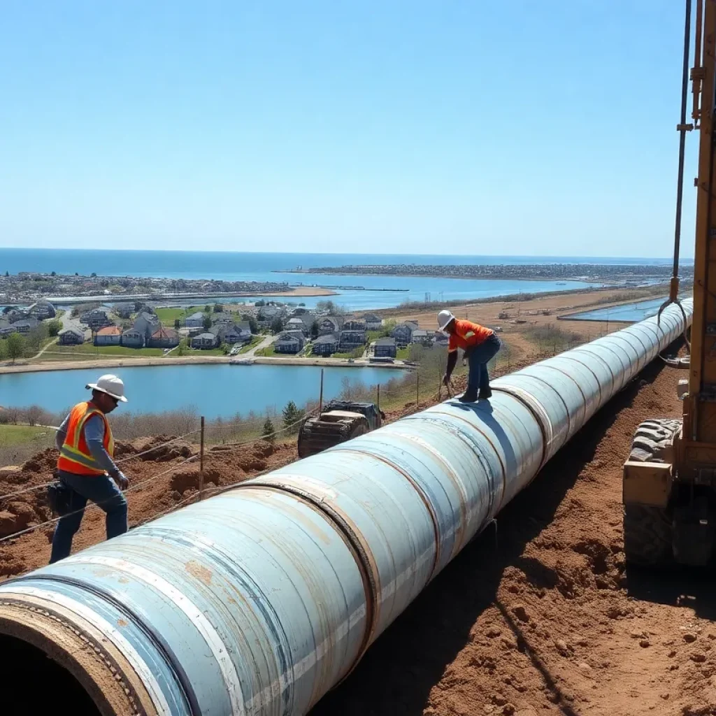 Workers constructing a water transmission pipeline near Lake Michigan.