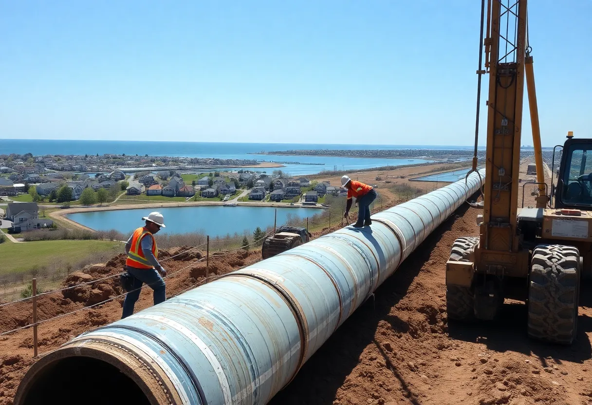 Workers constructing a water transmission pipeline near Lake Michigan.