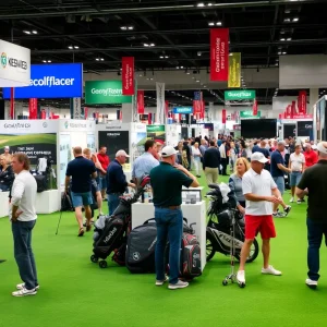 Scene from the West Michigan Golf Show with attendees and exhibitors