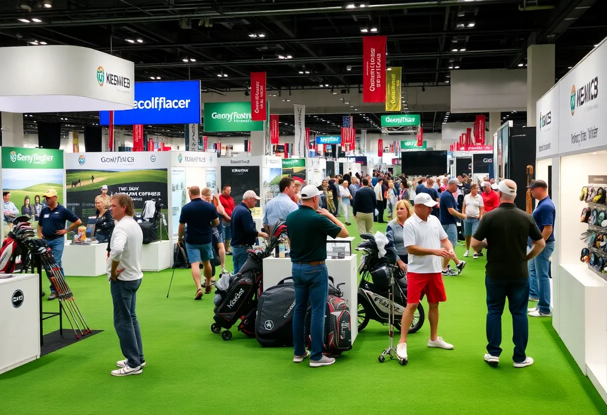 Scene from the West Michigan Golf Show with attendees and exhibitors