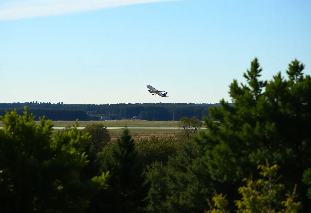 Avelo Airlines airplane taking off from Grand Rapids Airport