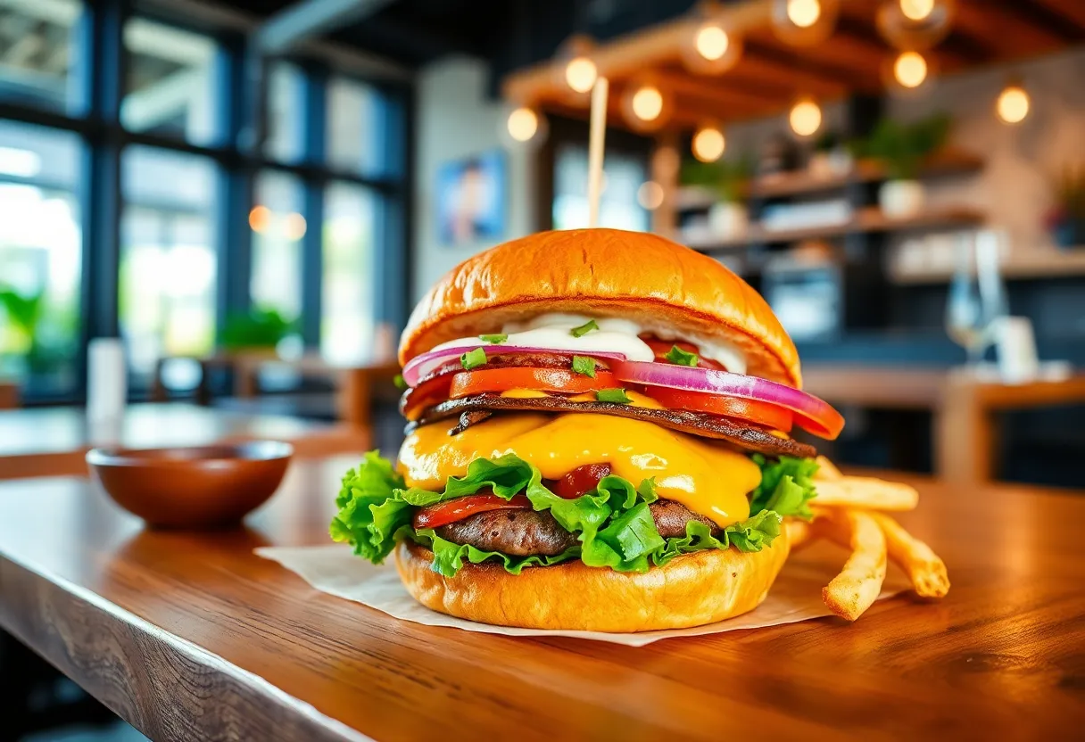 Delicious gourmet burger with premium ingredients from The Black Napkin