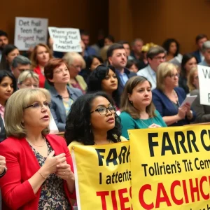 A school board meeting with parents and educators showing concern over teacher compensation