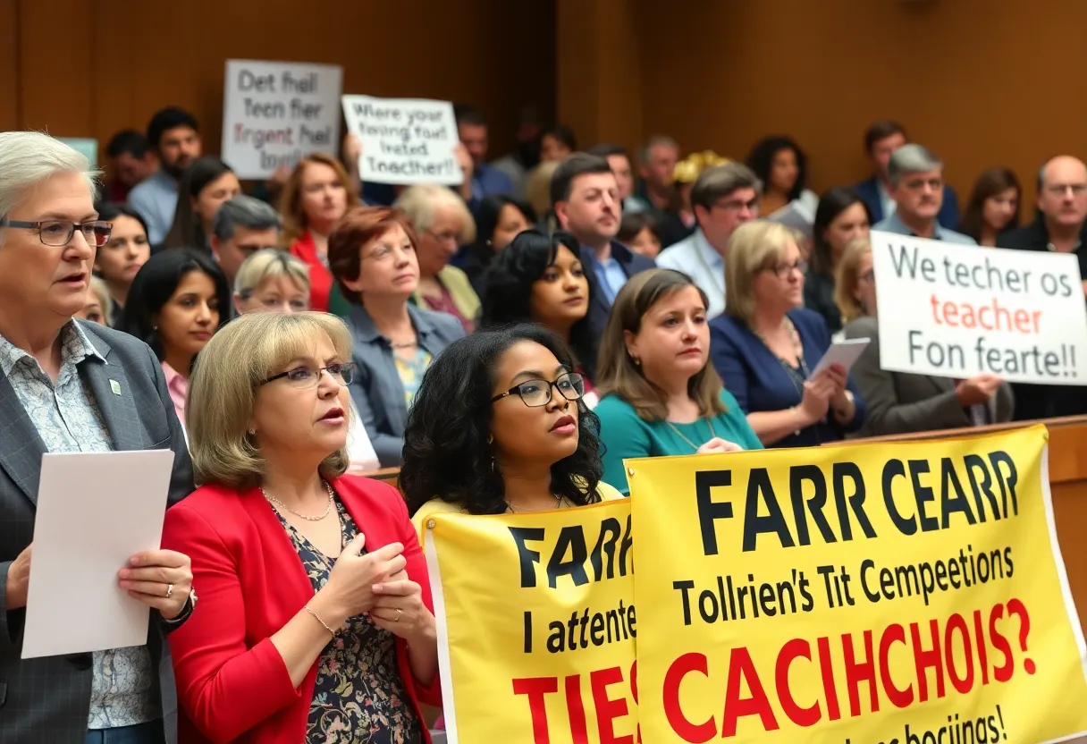 A school board meeting with parents and educators showing concern over teacher compensation