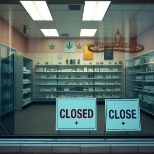 Closed cannabis dispensary sign indicating operational changes due to market exit.