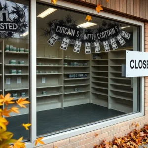 An empty cannabis dispensary in Michigan with a 'Closed' sign.