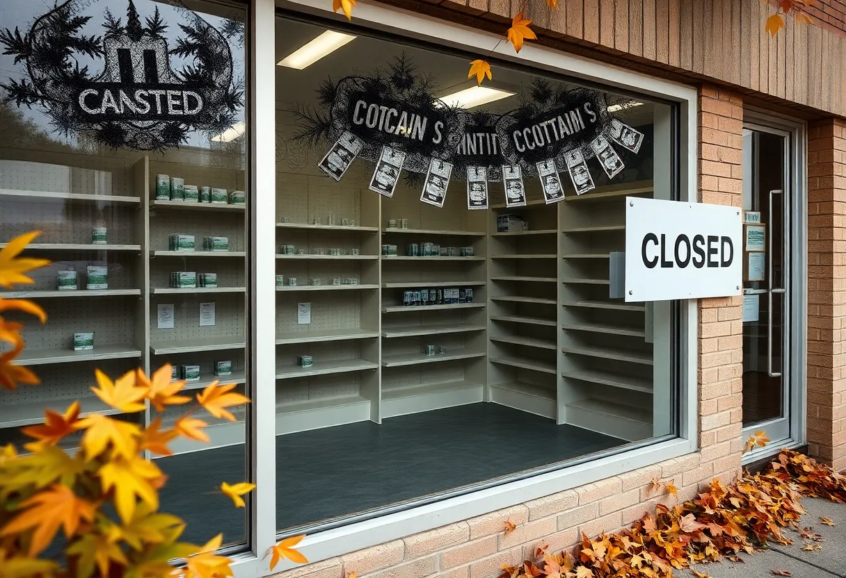 An empty cannabis dispensary in Michigan with a 'Closed' sign.