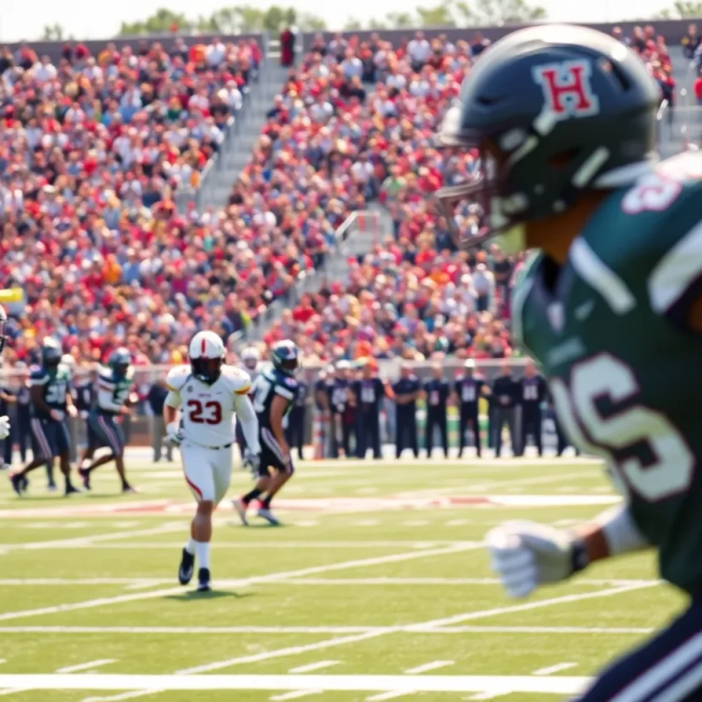 Football players in action on a college field