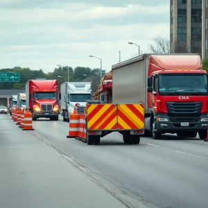 Heavy trucks and construction work on Michigan Avenue