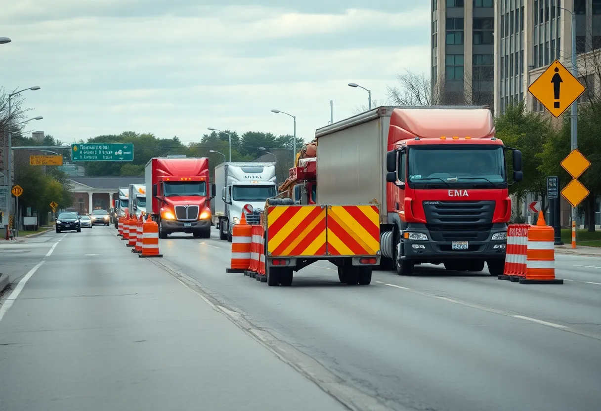 Heavy trucks and construction work on Michigan Avenue