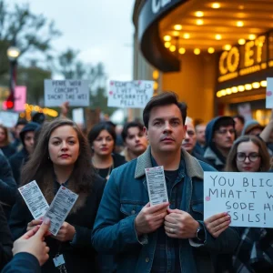 Crowd expressing confusion about ticket resale at a concert venue