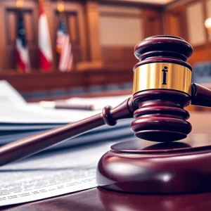 Courtroom setting with gavel and legal documents