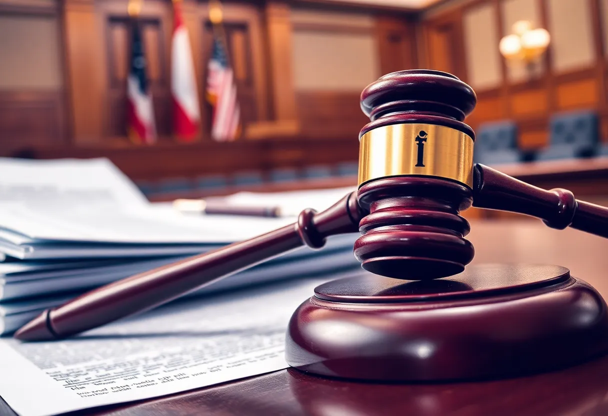 Courtroom setting with gavel and legal documents
