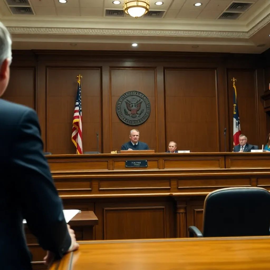 A courtroom depicting a trial for election-related charges.