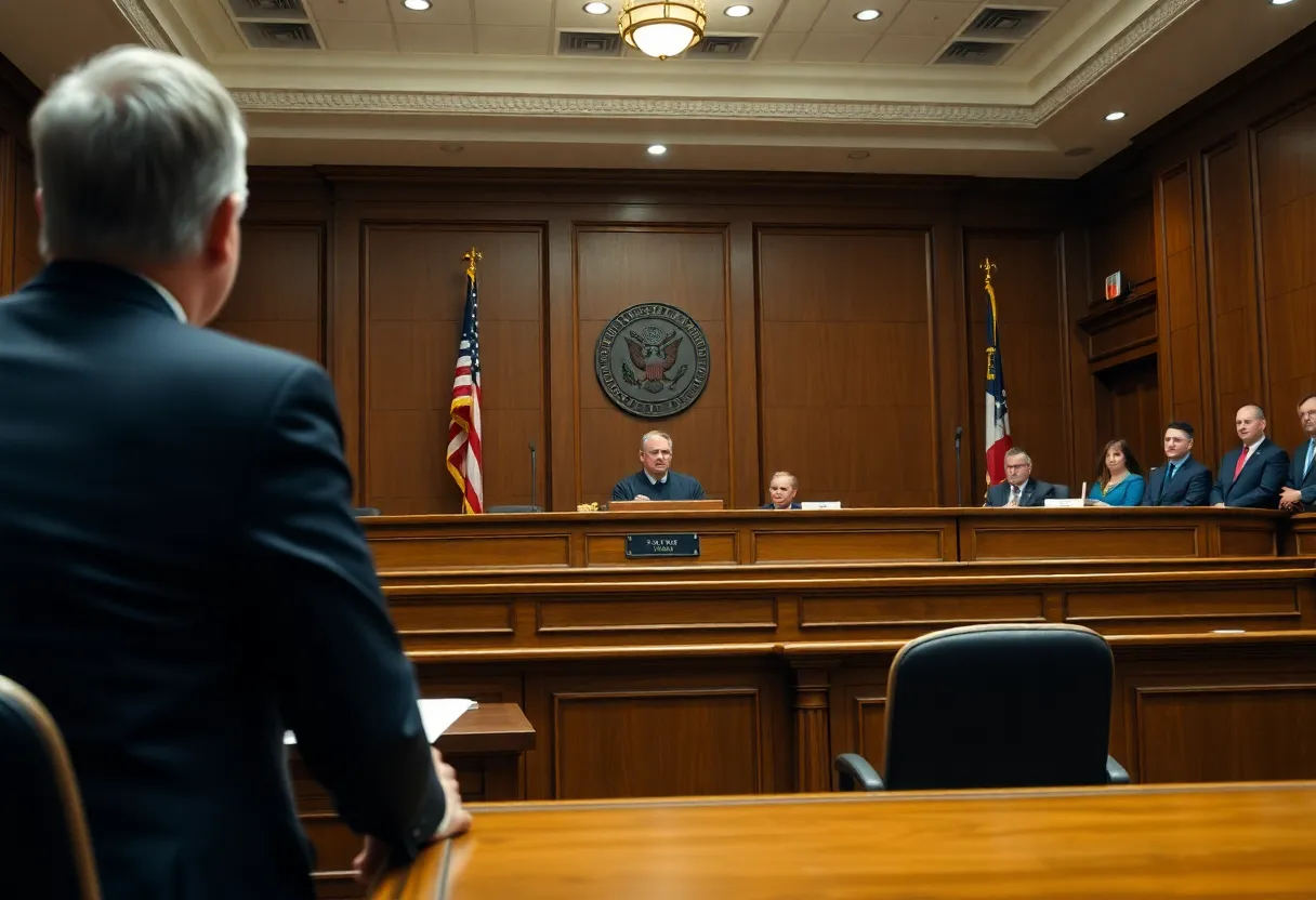 A courtroom depicting a trial for election-related charges.
