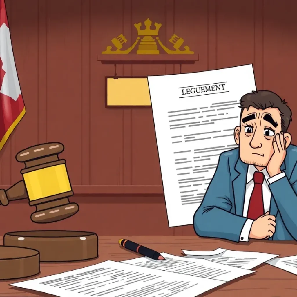 An illustration depicting a courtroom with legal elements symbolizing fraud and extortion